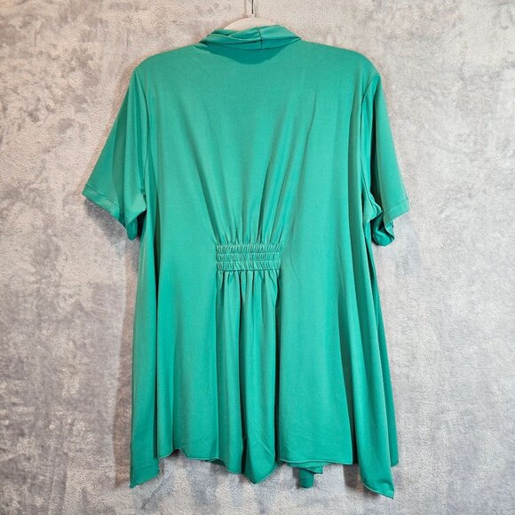 Susan Graver Medium Green Open Front Cardigan Gathered Back Office casual Flowy - Picture 2 of 9